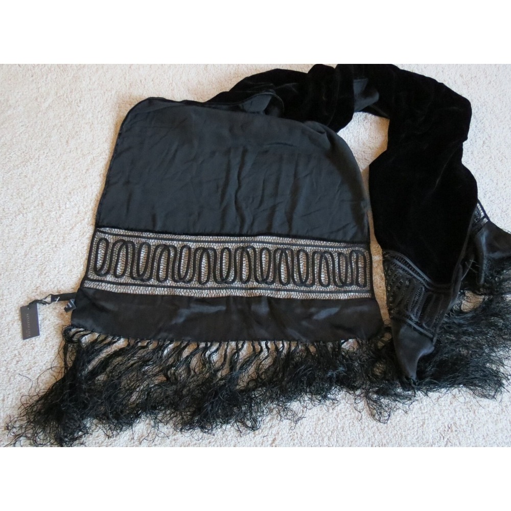 Kenneth Cole New York Black Scarf 30% Silk Blend Tassel Fringe Velvet Wrap NWT